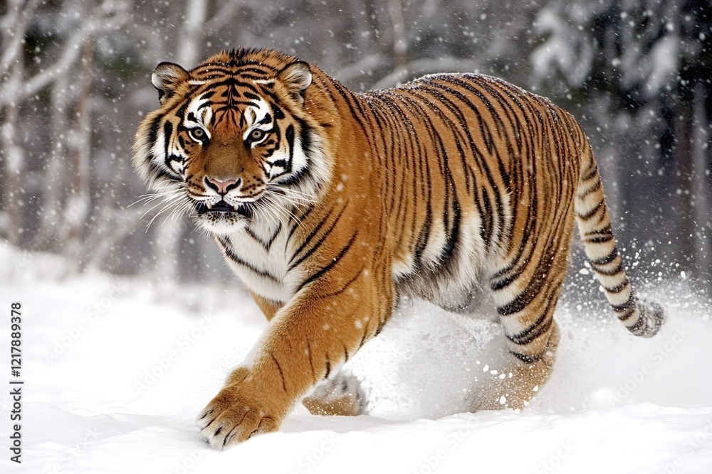Naklejka premium Powerful siberian tiger walking gracefully through the snow, surrounded by gently falling snowflakes, creating a stunning winter landscape featuring this majestic big cat