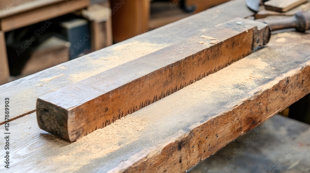 A handheld saw slicing through a thick piece of timber on a bench. A handheld saw slicing through a thick piece of timber on a bench.