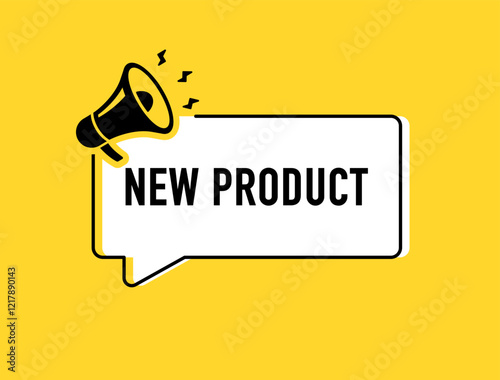 Megaphone with new product speech bubble. Loudspeaker. Banner for business, marketing and advertising. Vector illustration.