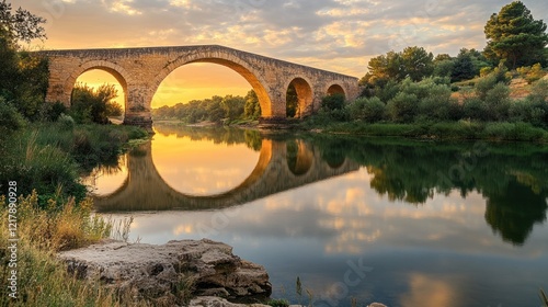 Majestic arched stone bridge spanning a serene river its reflection mirrored perfectly in the calm waters as the sky glows with a breathtaking golden sunset  Picturesque landscape in a tranquil