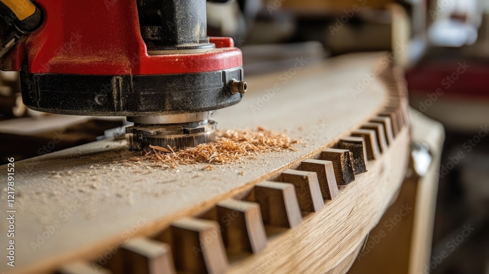 A router cutting grooves into a wooden panel on a workbench. A router cutting grooves into a wooden panel on a workbench.