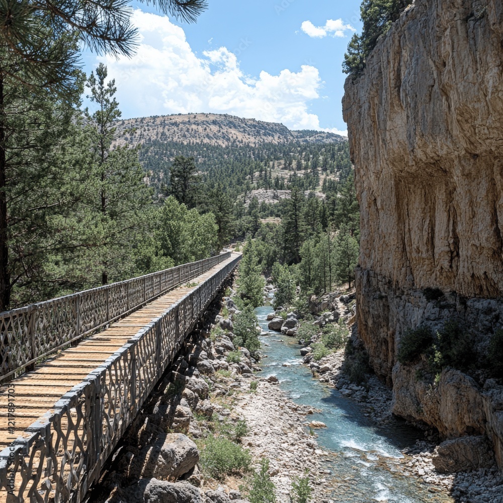 Fototapeta premium Stunning Nature Trail with Scenic Wooden Bridge Alongside Rocky Cliffs and Lush Forest by Crystal Clear River Under Bright Sky - Perfect Hiking Destination