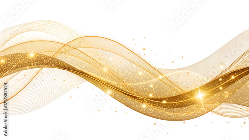 Flowing Golden Wave with Glittering Stars on Transparent Background. PNG