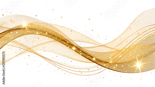 Flowing Golden Wave with Glittering Stars on Transparent Background. PNG