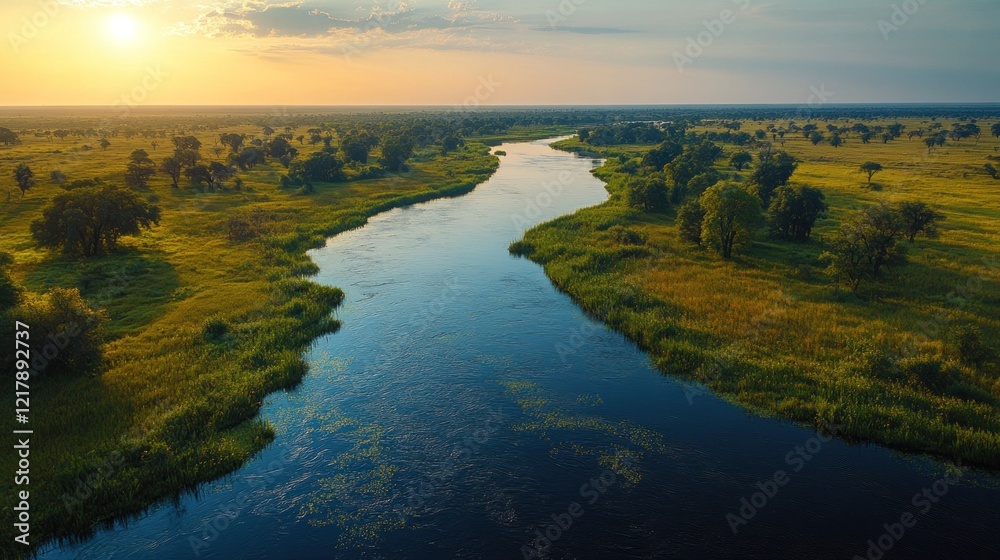 Beautiful aerial view of a river flowing through a lush green landscape at sunset with warm golden light Beautiful aerial view of a river flowing through a lush green landscape at sunset with warm golden light