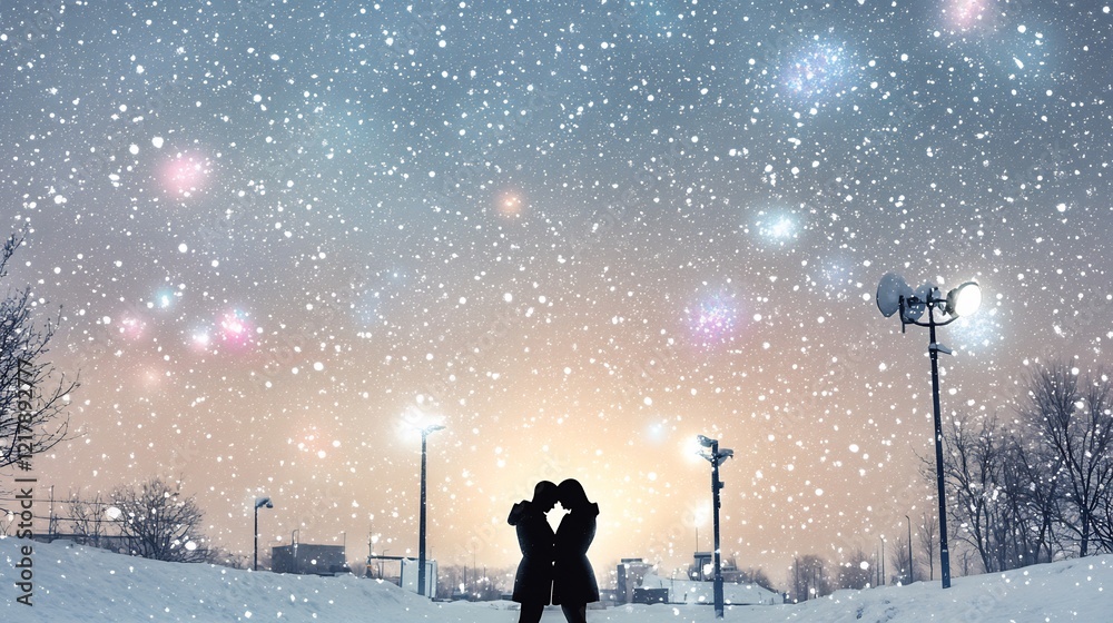 Obraz premium Romantic silhouette of a couple in love embracing under a snowy sky filled with stars and galaxies creating a whimsical and affectionate atmosphere