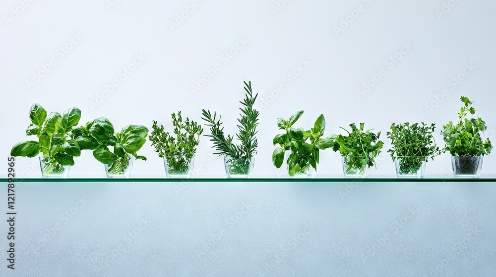 Obraz premium Potted plants perched on glass shelf before white wall in room