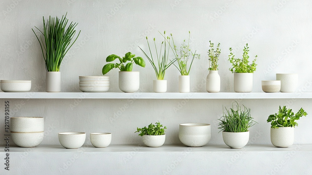 Fototapeta premium White shelf, potted plants, white wall, vase, green plants