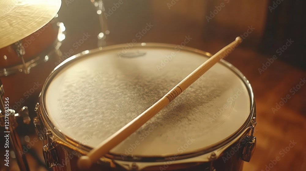 Obraz premium Drum kit in studio, close-up of drumsticks resting on a snare drum, soft studio lighting