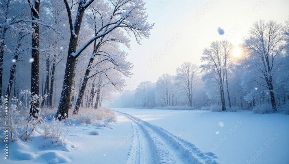 Obraz premium Frosty snowfall on a winter landscape with bare trees, snowy landscape, winter, wintery