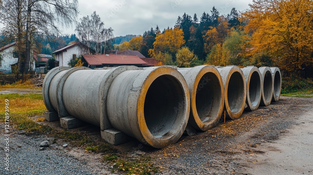 Large concrete pipes stacked in a row, ready for installation at a construction area. Large concrete pipes stacked in a row, ready for installation at a construction area.