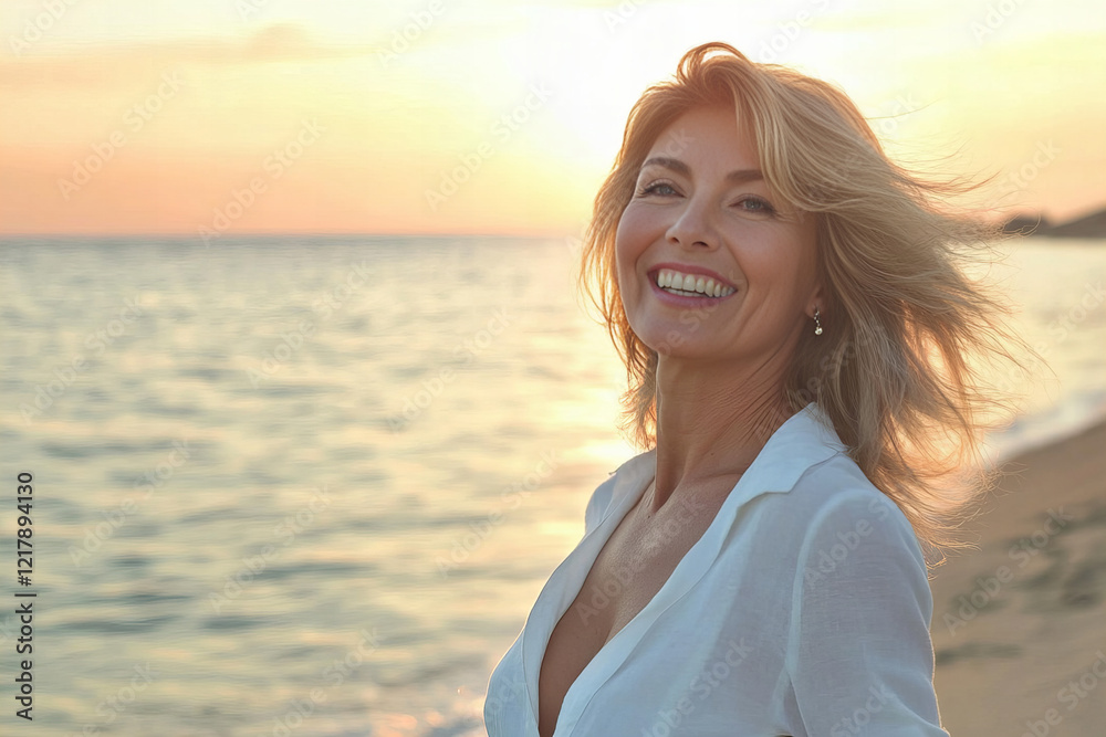 Serene middle-aged woman enjoying a peaceful moment on a sunny beach with ocean waves in the background, showcasing natural beauty, relaxation, and carefree emotions for lifestyle, travel, and wellnes Serene middle-aged woman enjoying a peaceful moment on a sunny beach with ocean waves in the background, showcasing natural beauty, relaxation, and carefree emotions for lifestyle, travel, and wellnes