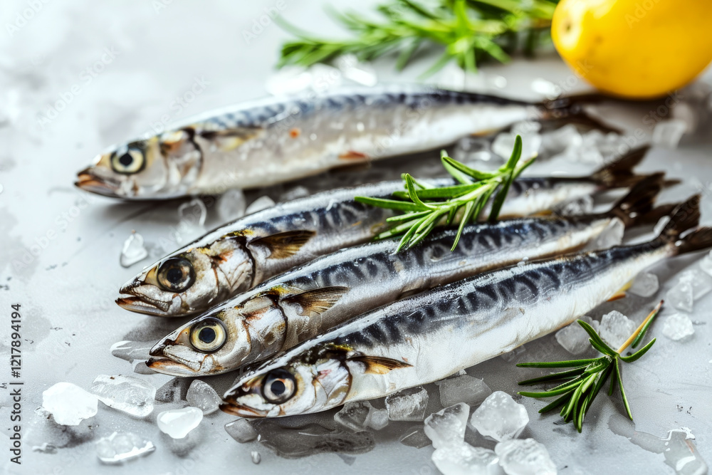 Four fresh fish lie on ice cubes, garnished with rosemary and lemon. Concept of seafood preparation and freshness. Four fresh fish lie on ice cubes, garnished with rosemary and lemon. Concept of seafood preparation and freshness.