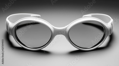 A pair of white swimming goggles displayed against a gray background, showcasing a sleek and modern design. Ideal for athletes seeking performance. photo