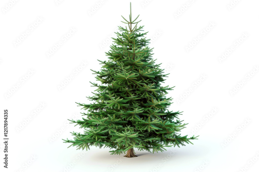 Fototapeta premium Evergreen tree on white background with lush green branches spread widely. Concept of holiday decoration and nature.