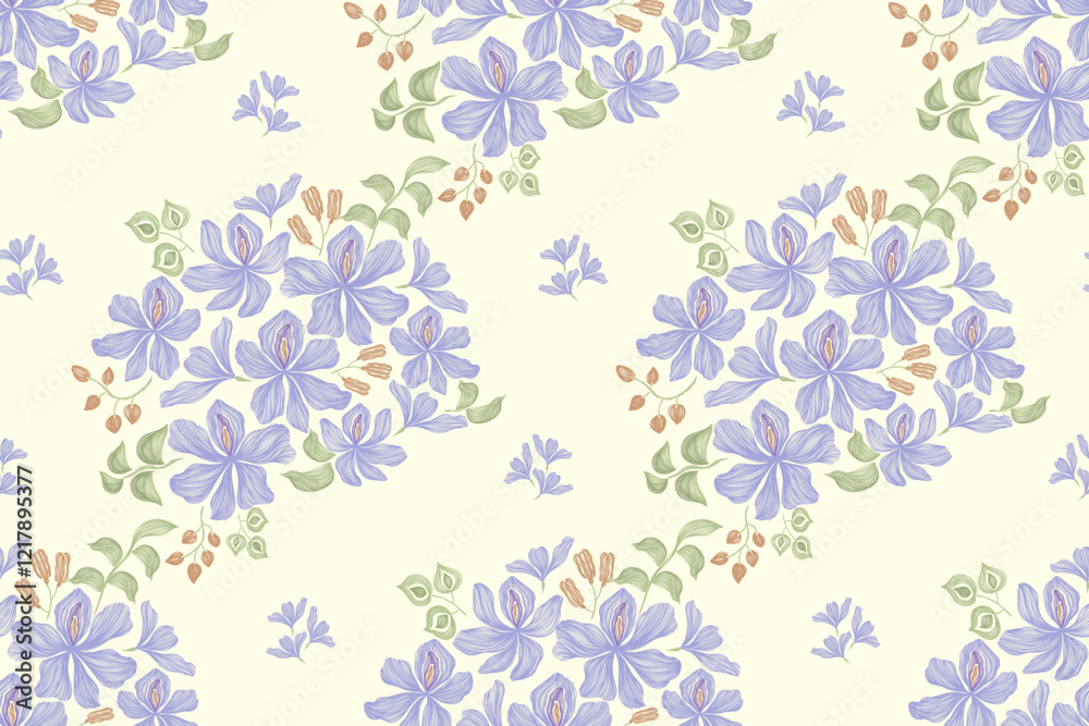 Obraz premium Vintage floral ethnic tapestry modern embroidery texture boho design vector illustration hand drawn silhouette indigo blue flower motif branches leaves wallpaper seamless background border.