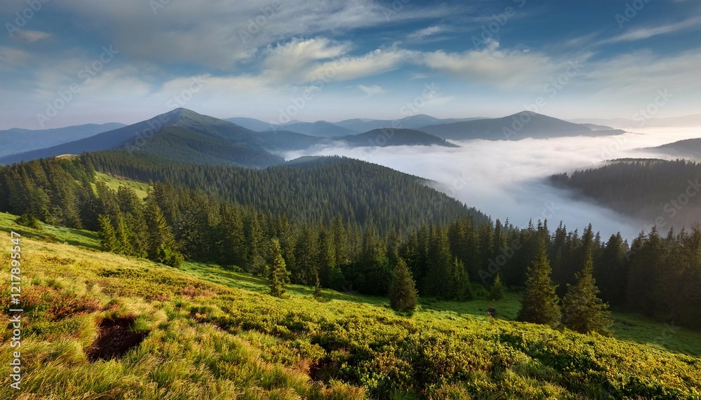 Obraz premium foggy mountain landscape with carpathian mountains in ukraine foggy mountain landscape carpathian ukraine misty