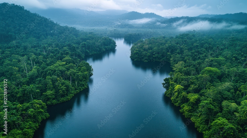 Aerial view of a dark river flowing through a lush green forest with misty mountains in the background Aerial view of a dark river flowing through a lush green forest with misty mountains in the background