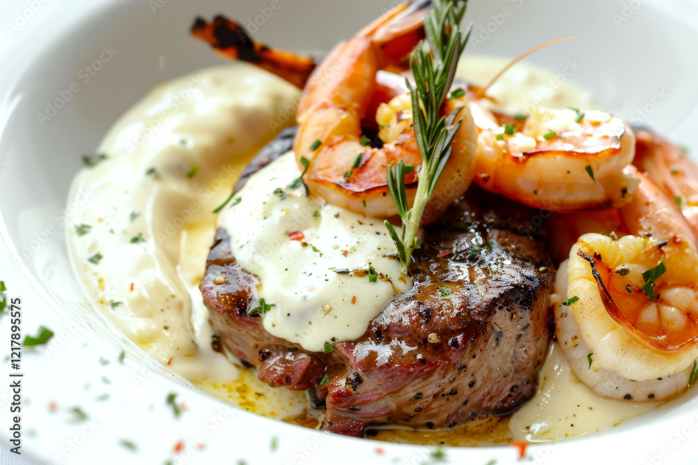 Steak and shrimp draped in creamy sauce rest on a white plate, garnished with herbs. Concept of gourmet dining and culinary presentation. Steak and shrimp draped in creamy sauce rest on a white plate, garnished with herbs. Concept of gourmet dining and culinary presentation.
