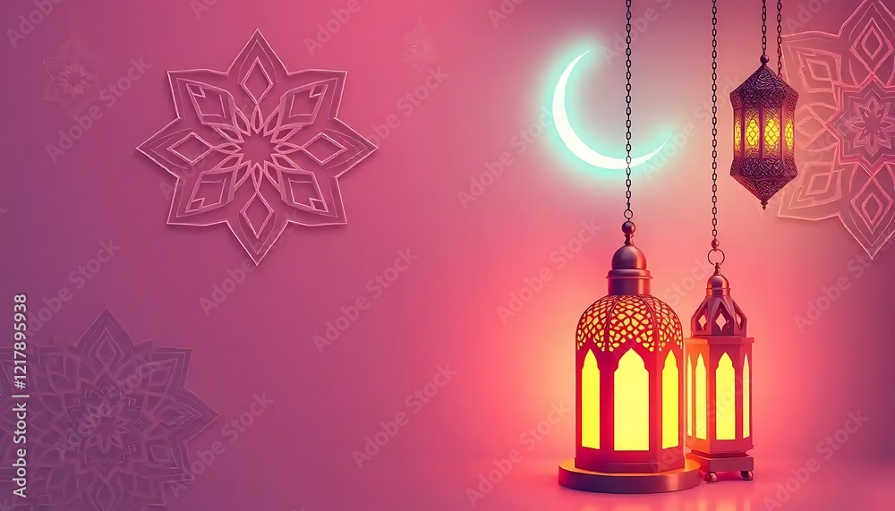 Illuminated Ramadan Lanterns and Crescent Moon Design Illuminated Ramadan Lanterns and Crescent Moon Design