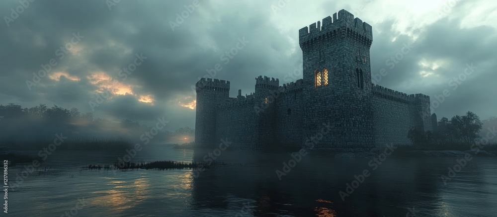 Fototapeta premium Majestic medieval castle fortress standing tall and imposing on the shores of a misty lake its reflected image creating a mystical and atmospheric landscape at dramatic sunset