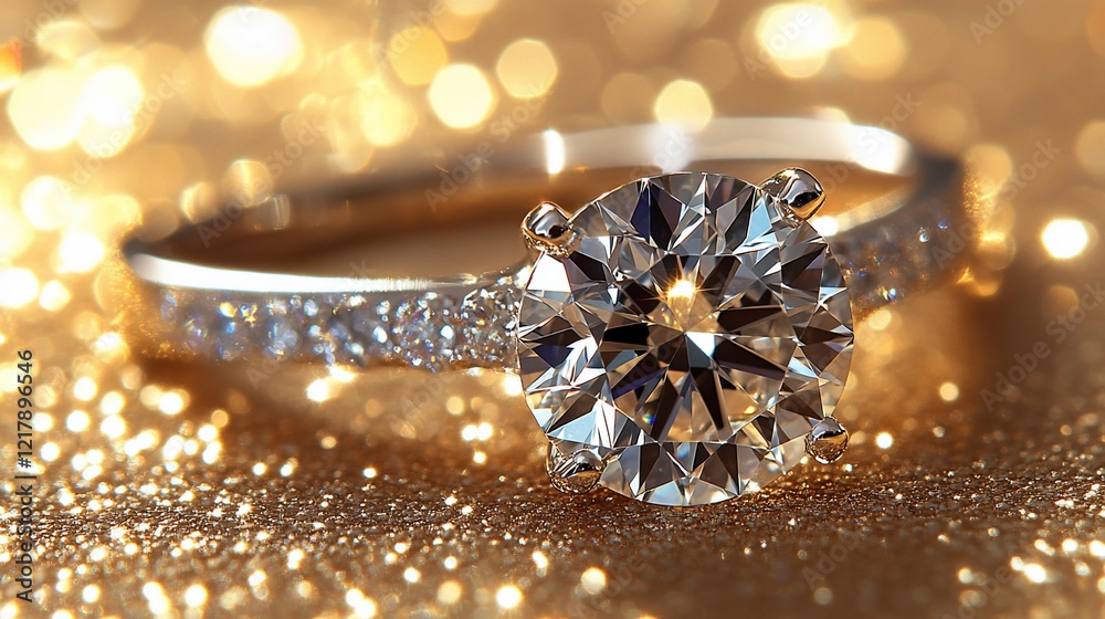 Fototapeta premium Dazzling Diamond Engagement Ring on Golden Glitter Background