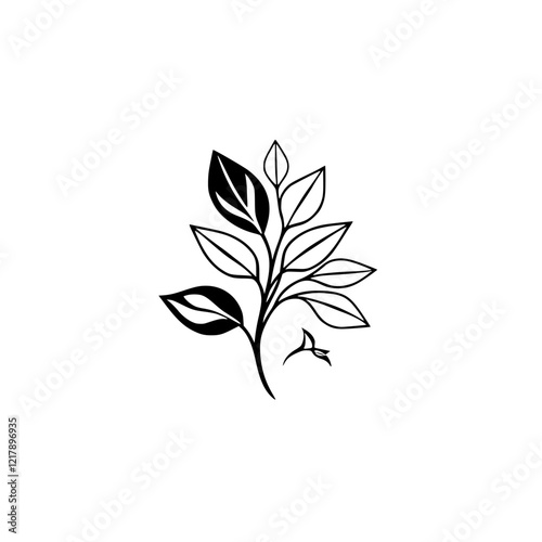 Elegant Black and White Botanical Illustration: Minimalist Leaf Branch Design. Perfect for nature-themed projects, adding a touch of sophistication and simplicity.