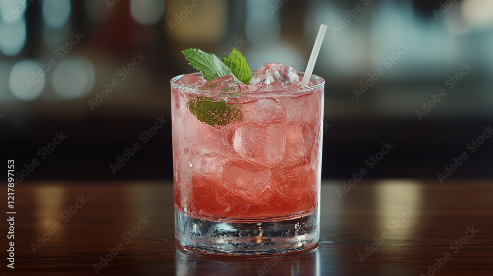 Rose Mojito Syrup-Based Drink on Wooden Table Rose Mojito Syrup-Based Drink on Wooden Table