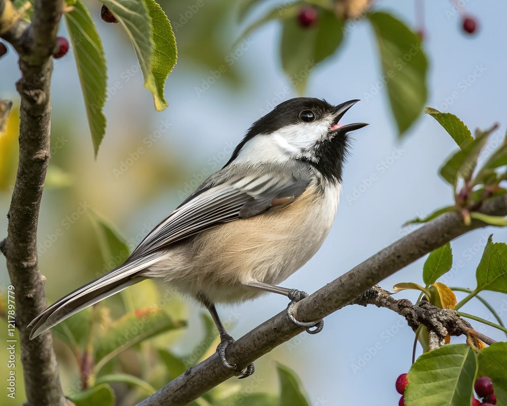Obraz premium Black-Capped Chickadee Perched on a Branch with Red Berries and Green Leaves