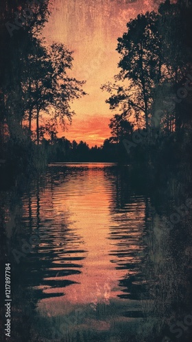 Breathtaking sunset landscape with a tranquil lake reflecting the warm vibrant colors of the sky  Silhouetted trees line the shore