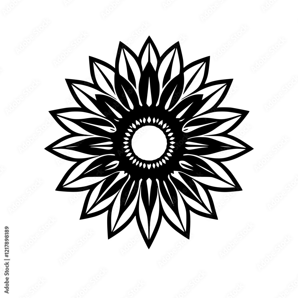 Black and White Sunflower Mandala: Elegant Floral Design, Nature-Inspired, Circular Pattern, Botanical Vector Art, Graphic Illustration Black and White Sunflower Mandala: Elegant Floral Design, Nature-Inspired, Circular Pattern, Botanical Vector Art, Graphic Illustration