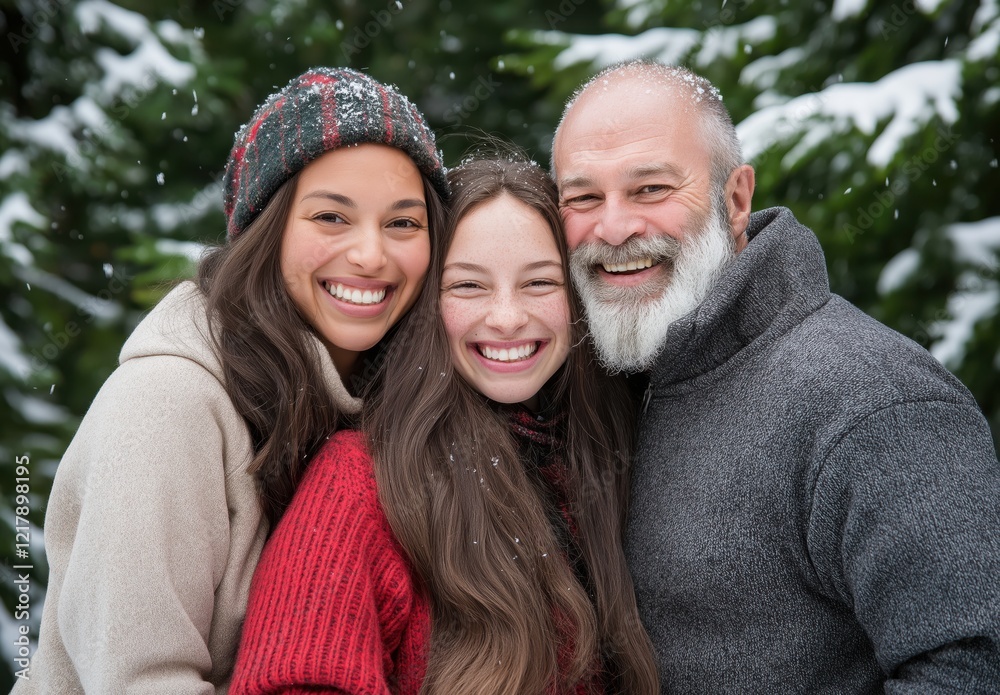 Happy family embracing in snowy winter forest father, mother, daughter in cozy knitwear and beanies sharing joyful smiles amid evergreen trees