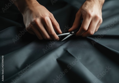 Hands skillfully cutting dark fabric with scissors craftsmanship and precision in tailoring or design process, focus on textiles and manual dexterity