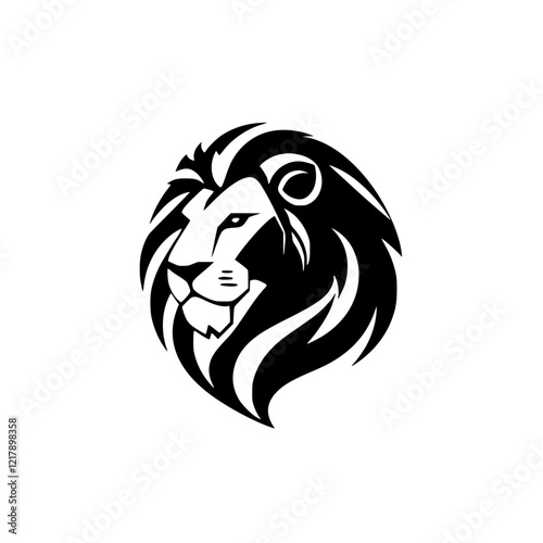 Majestic Lion Head: A Powerful Symbol of Strength and Royalty.  Perfect for logos, designs, and wildlife enthusiasts. Black and white vector graphic.