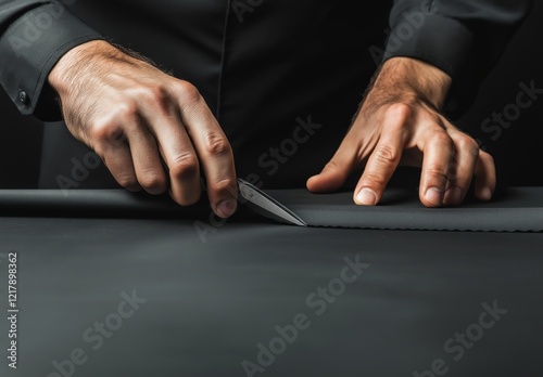 Tailor's hands skillfully cutting dark fabric with precision knife, showcasing detailed craftsmanship and artisanship in a fashion design studio setting photo