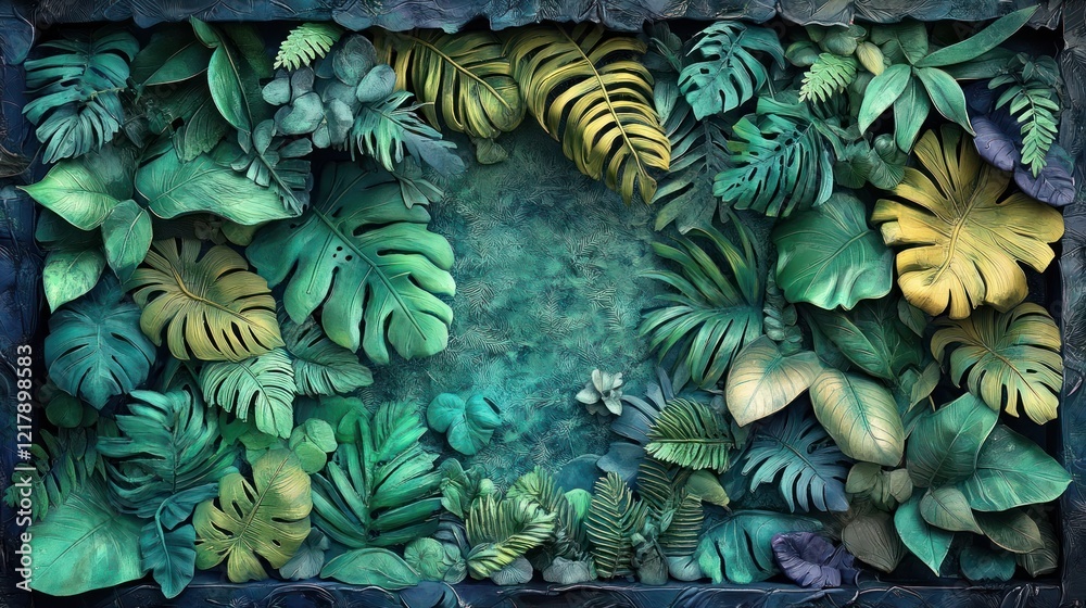 Fototapeta premium Lush and Vibrant Tropical Foliage Backdrop with Diverse Leaves and Botanical Elements for Poster Wallpaper or Creative Design Project