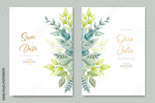 Watercolor wedding invitation card in green leaves