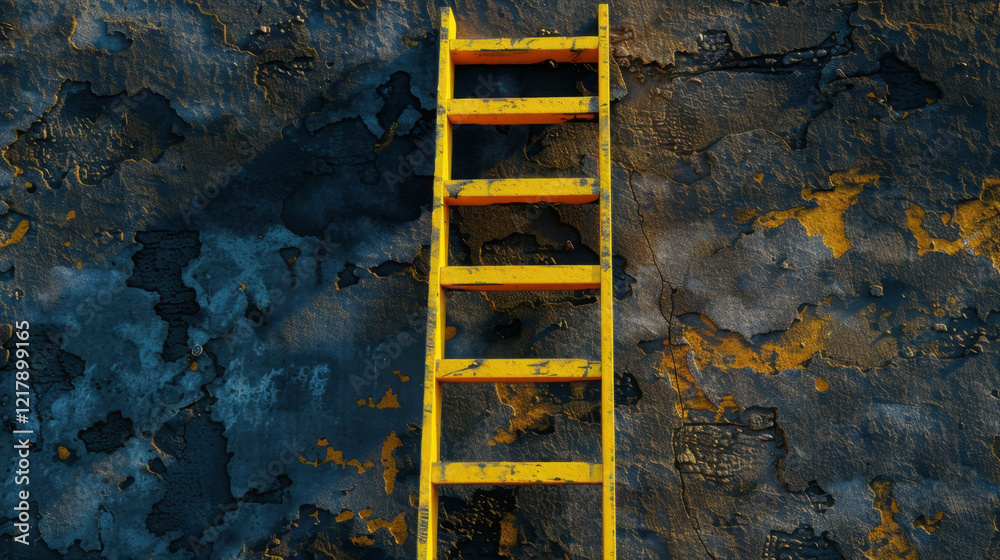 bright yellow ladder stands against textured, weathered wall with peeling paint, showcasing contrast of colors and surfaces. scene evokes sense of industrial charm and potential bright yellow ladder stands against textured, weathered wall with peeling paint, showcasing contrast of colors and surfaces. scene evokes sense of industrial charm and potential