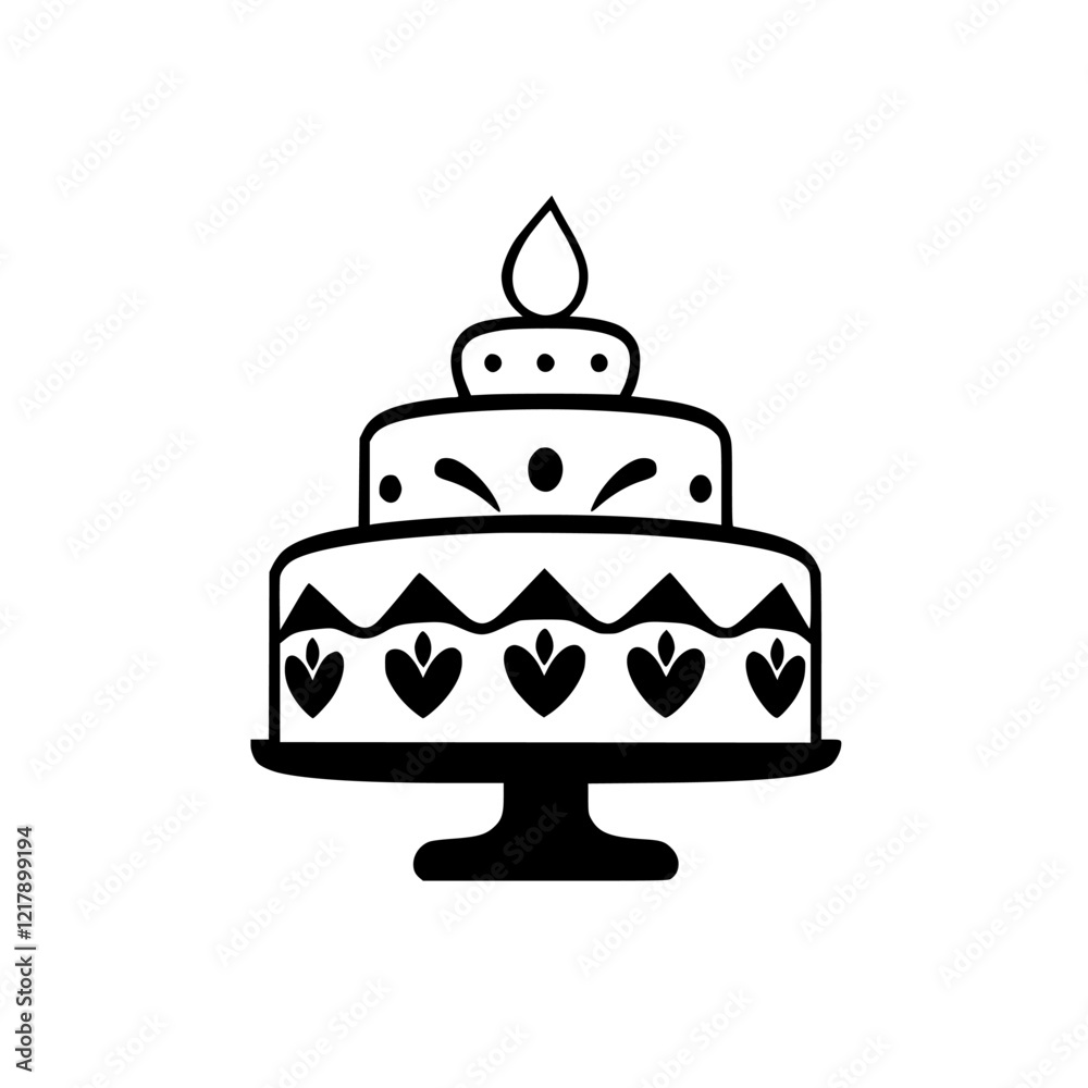 A delightful three-layered cake, adorned with hearts and a single candle, sits elegantly on a cake stand, perfect for birthdays, weddings, or any special occasion. A delightful three-layered cake, adorned with hearts and a single candle, sits elegantly on a cake stand, perfect for birthdays, weddings, or any special occasion.