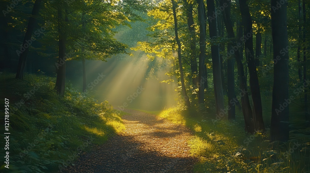 Fototapeta premium Forest trail with trees, close-up of sunlight filtering through trees, lush greenery