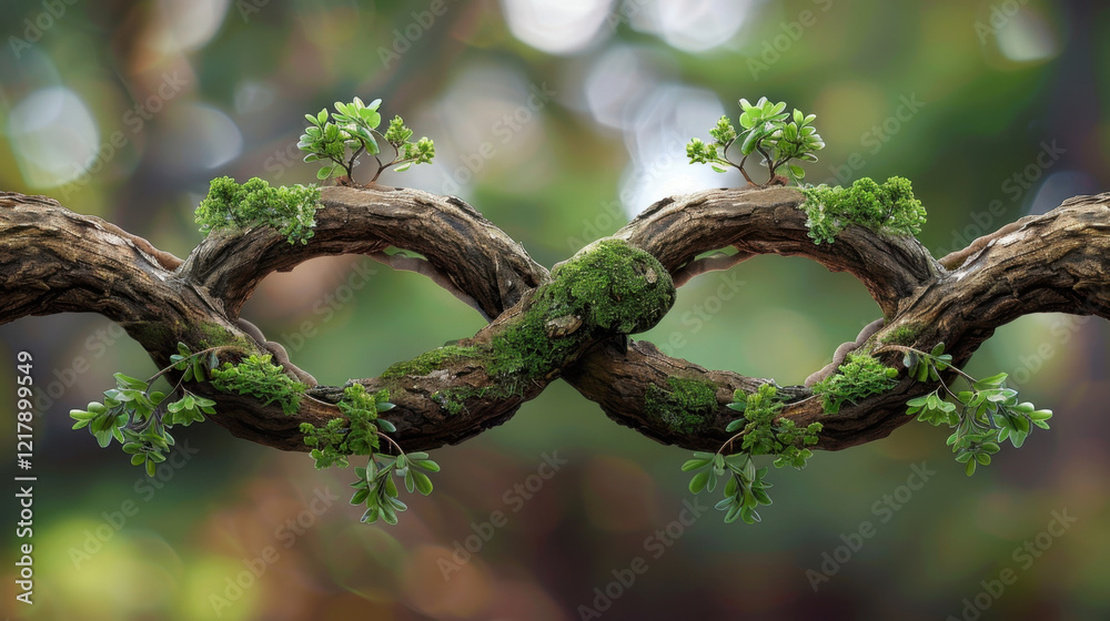 unique infinity symbol made of intertwined branches and lush greenery, symbolizing growth and harmony in nature. vibrant leaves and moss add refreshing touch to design unique infinity symbol made of intertwined branches and lush greenery, symbolizing growth and harmony in nature. vibrant leaves and moss add refreshing touch to design