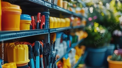 Wallpaper Mural Gardening tools on shelf, close-up of neatly arranged tools, bright garden in the background Torontodigital.ca