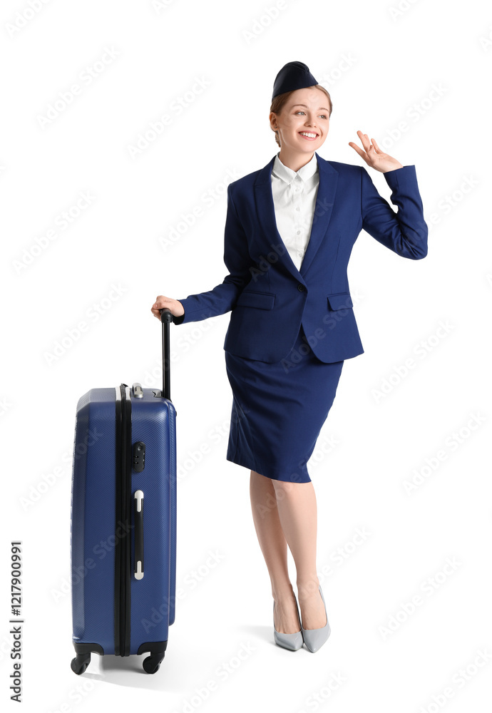 Beautiful stewardess with suitcase on white background Beautiful stewardess with suitcase on white background