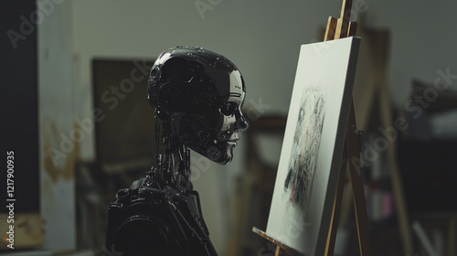 Artificial intelligence. Robot, painting, dark, background art, drawing, paints, light. Drawing of woman in painting of light and paints. Painting of robot with a dark lifestyle background and robot. photo