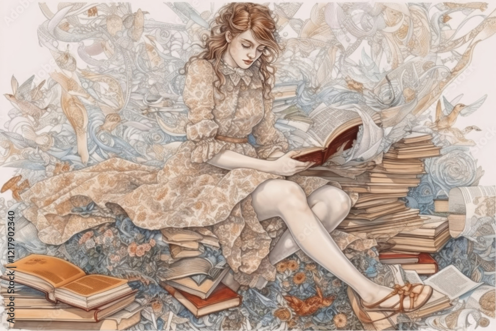 Naklejka premium stylized picture of a woman in a dress with a book and a lot of books around., watercolor style, Generative AI