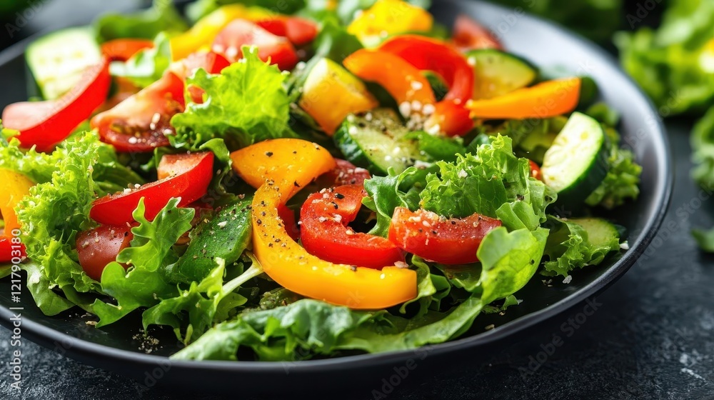 Healthy salad with vegetables, close-up of vibrant greens and colorful veggies on a plate Healthy salad with vegetables, close-up of vibrant greens and colorful veggies on a plate