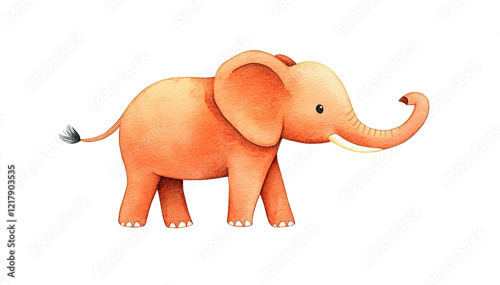 A whimsical watercolor illustration of a cheerful elephant standing against a plain white background A whimsical watercolor illustration of a cheerful elephant standing against a plain white background