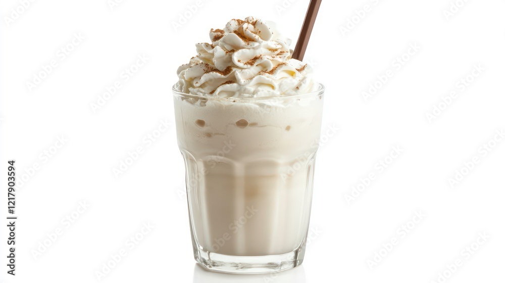 Vanilla milkshake in a glass with whipped cream and straw on white background. Vanilla milkshake in a glass with whipped cream and straw on white background.