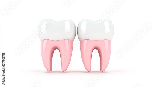 Two cartoon-style teeth with a glossy white surface and pink bases, set against a plain background
