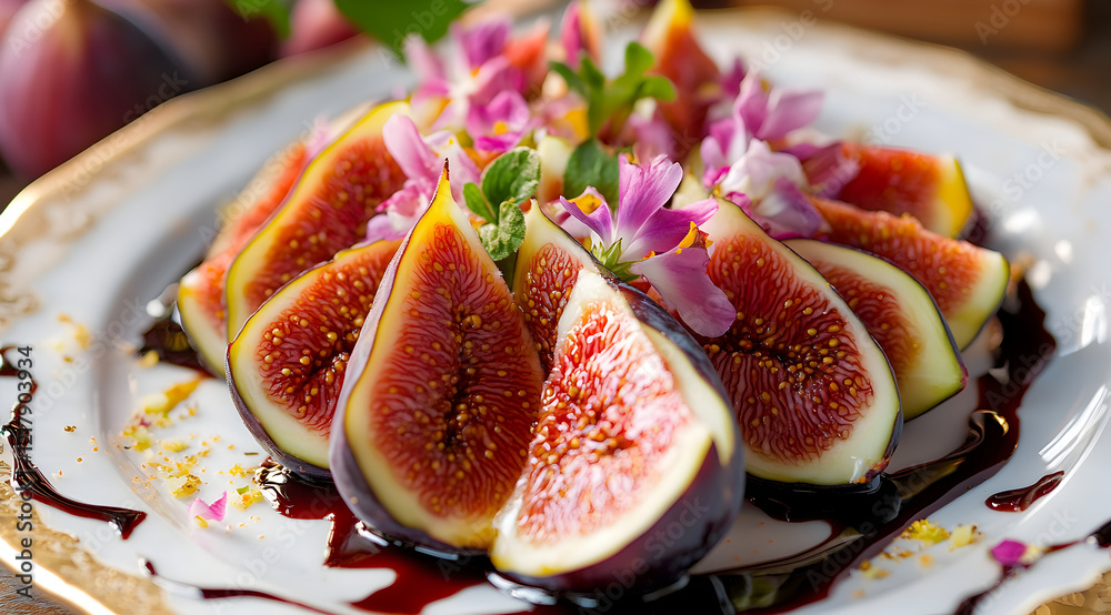 Elegant Sliced Figs with Edible Flowers and Balsamic Reduction on a Decorative Plate, Gourmet Dessert Presentation Elegant Sliced Figs with Edible Flowers and Balsamic Reduction on a Decorative Plate, Gourmet Dessert Presentation